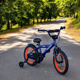 Bicicleta 16 inch roti ajutatoare cadru otel 23 cm ghidon reglabil frane fata v-brake albastruportocaliu